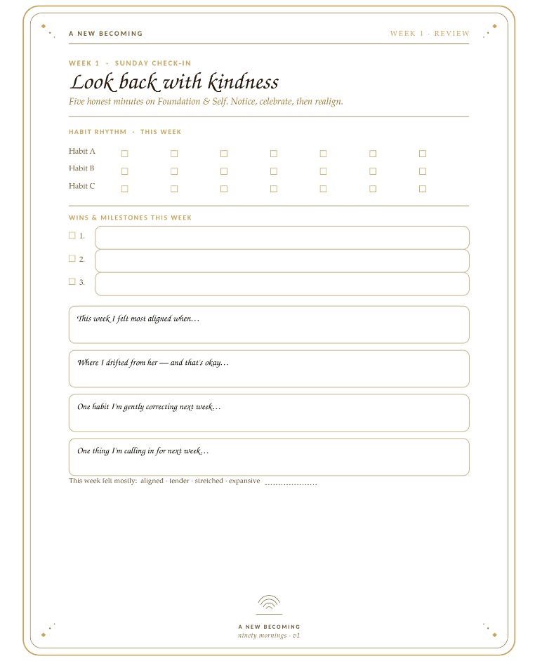 Ninety Mornings week one setup page, Foundation & Self