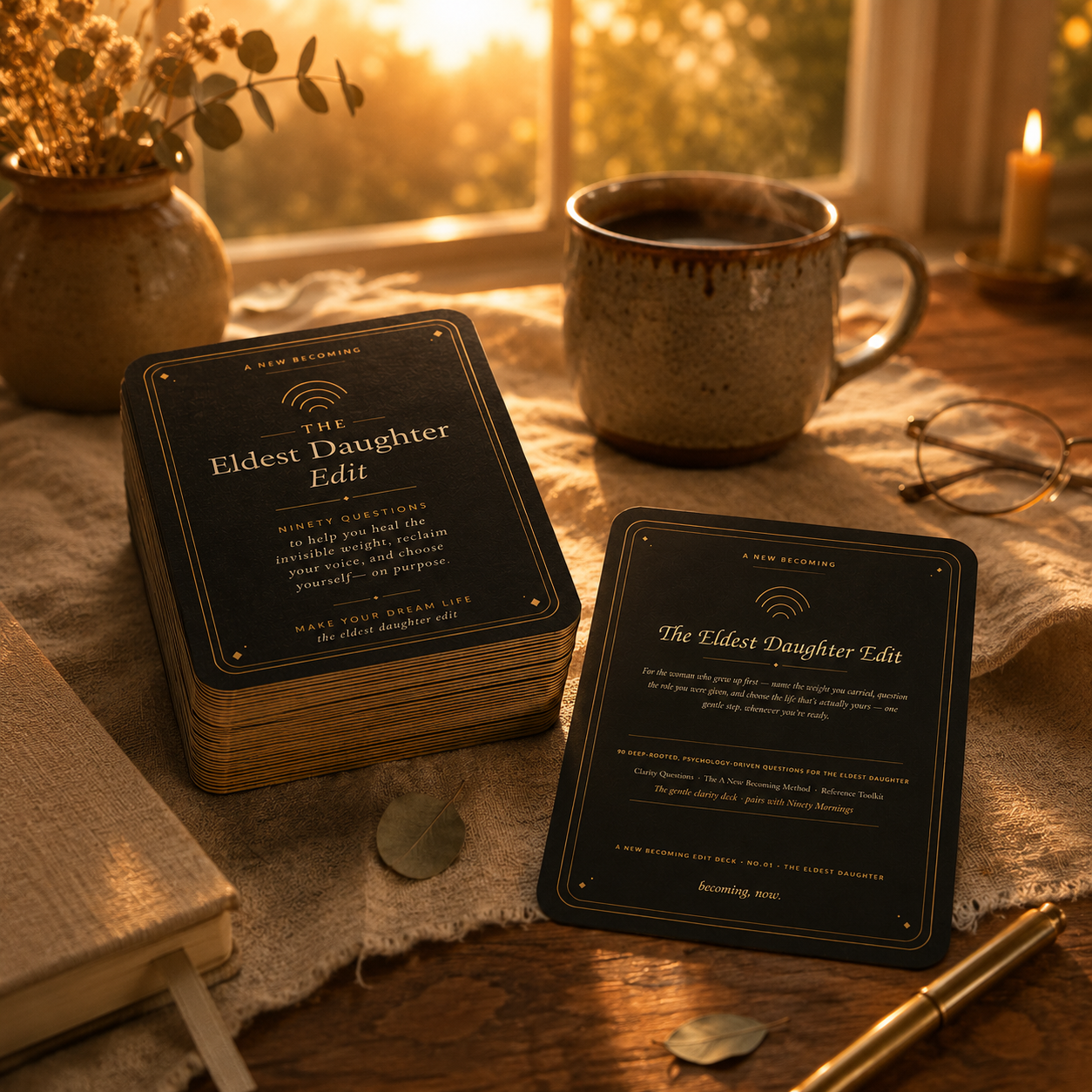 The Eldest Daughter Edit — a black and gold question card deck by A New Becoming