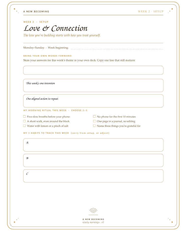 Ninety Mornings week two setup page, Love & Connection