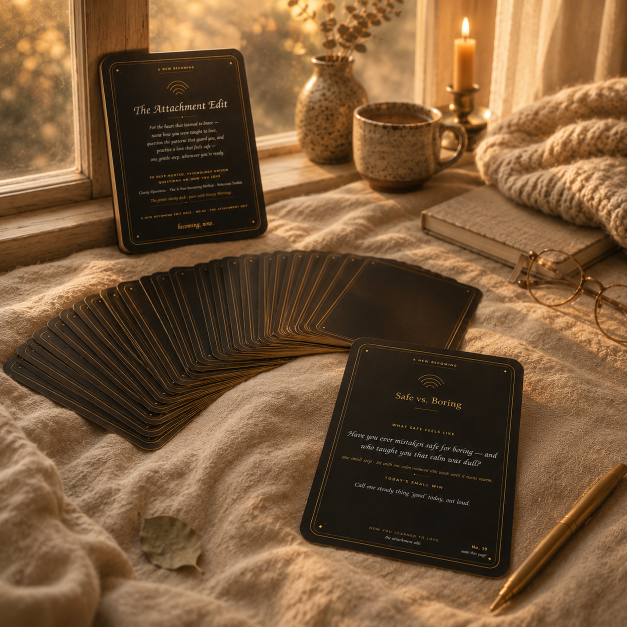 The Attachment Edit — a black and gold question card deck by A New Becoming